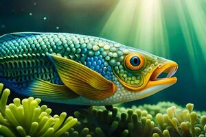 ein Fisch im das Ozean mit Sonnenlicht leuchtenden auf Es. KI-generiert foto