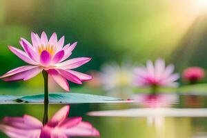 Rosa Lotus Blume im das Wasser mit Sonnenlicht leuchtenden durch. KI-generiert foto