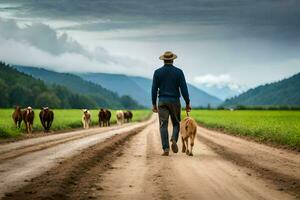 ein Mann Gehen seine Hund Nieder ein Schmutz Straße mit Kühe. KI-generiert foto