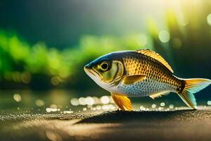 Fisch auf das Strand mit Sonnenlicht leuchtenden. KI-generiert foto