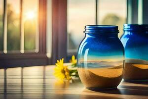 zwei Gläser mit Sand im Sie Sitzung auf ein Tisch. KI-generiert foto