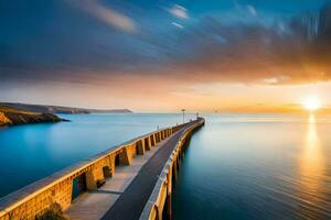 ein lange Exposition fotografieren von ein Seebrücke beim Sonnenuntergang. KI-generiert foto