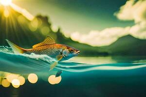 ein Fisch Schwimmen im das Wasser beim Sonnenuntergang. KI-generiert foto