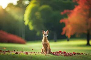 ein Hund Sitzung auf das Gras umgeben durch rot Blätter. KI-generiert foto