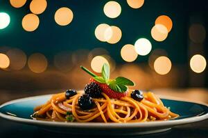 Spaghetti mit Beeren und Beeren auf ein Platte. KI-generiert foto