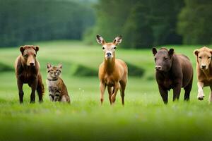 ein Gruppe von Hirsch und ein Katze im ein Feld. KI-generiert foto