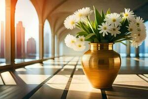 ein golden Vase mit Weiß Blumen auf ein Tisch. KI-generiert foto
