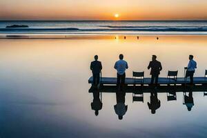 vier Männer Stand auf ein Dock beim Sonnenuntergang. KI-generiert foto