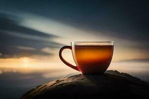 ein Tasse von Tee sitzt auf ein Felsen mit Blick auf das Ozean. KI-generiert foto