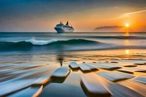 ein Kreuzfahrt Schiff im das Ozean beim Sonnenuntergang. KI-generiert foto