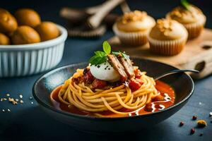 Spaghetti mit Fleischklößchen und Tomate Soße auf ein dunkel Tisch. KI-generiert foto