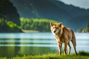 ein einsam Wolf steht im das Gras in der Nähe von ein See. KI-generiert foto