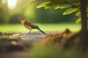 ein klein Vogel ist Stehen auf das Boden im das Sonne. KI-generiert foto