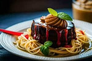 ein Dessert mit Spaghetti und Soße auf ein Platte. KI-generiert foto