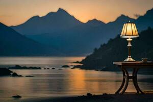 ein Lampe sitzt auf ein Tabelle in der Nähe von das Wasser und Berge. KI-generiert foto