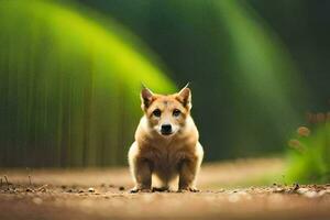 ein Hund ist Stehen auf ein Schmutz Straße im Vorderseite von ein Grün Hintergrund. KI-generiert foto