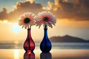 zwei Vasen mit Blumen sind auf ein Tabelle mit das Sonne Einstellung. KI-generiert foto