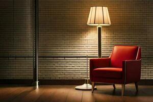 ein rot Stuhl und Lampe im Vorderseite von ein Backstein Mauer. KI-generiert foto