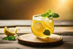 Limonade im ein Glas mit Minze Blätter und Zitrone Scheiben. KI-generiert foto
