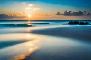 Sonnenuntergang auf das Strand, Strand, Wasser, hd Hintergrund. KI-generiert foto