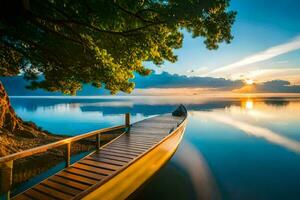 das Boot ist gebunden zu das Dock beim Sonnenuntergang. KI-generiert foto