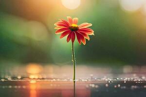 ein Single Blume ist Stehen im das Wasser mit Regentropfen. KI-generiert foto