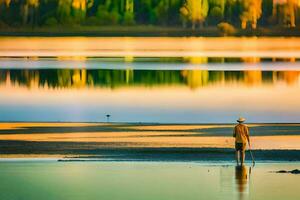 ein Mann steht auf das Ufer von ein See mit ein Angeln Stange. KI-generiert foto
