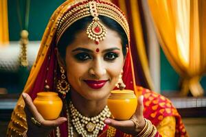 ein Frau im traditionell indisch Kleidung halten zwei Gläser. KI-generiert foto