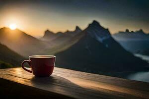 Kaffee Tasse auf das Tisch, Berge, Sonnenaufgang, das Sonne, das Berge, das Berge. KI-generiert foto