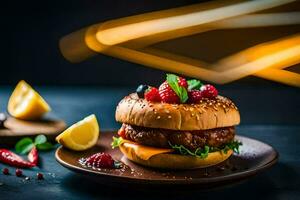 ein Hamburger mit Beeren und Käse auf ein Platte. KI-generiert foto