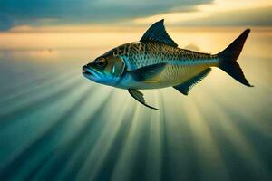 ein Fisch ist fliegend Über das Ozean beim Sonnenuntergang. KI-generiert foto