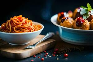ein Schüssel von Spaghetti und Fleischklößchen auf ein Tisch. KI-generiert foto