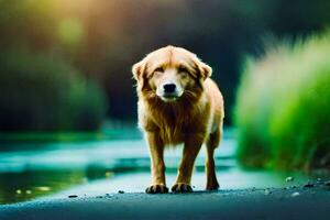 ein golden Retriever Stehen auf das Seite von ein Fluss. KI-generiert foto