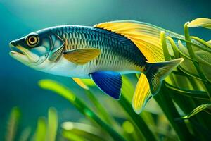 Fisch im das Wasser mit Gras und Pflanzen. KI-generiert foto