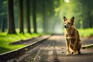 ein Hund Sitzung auf das Seite von ein Straße im das Wald. KI-generiert foto