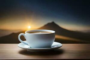 ein Tasse von Kaffee auf ein hölzern Tabelle im Vorderseite von ein Berg. KI-generiert foto