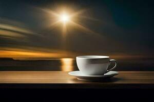 ein Tasse von Kaffee auf ein Tabelle mit das Sonne leuchtenden im das Hintergrund. KI-generiert foto
