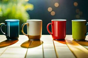 fünf anders farbig Kaffee Tassen auf ein hölzern Tisch. KI-generiert foto
