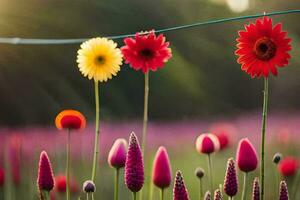 bunt Blumen sind hängend auf ein Kabel. KI-generiert foto