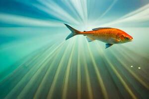 ein Fisch Schwimmen im das Wasser mit Strahlen von Licht. KI-generiert foto