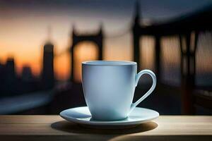 Kaffee Tasse auf ein Tabelle mit ein Aussicht von das Stadt. KI-generiert foto