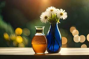 ein Flasche von Honig und ein Vase mit Gänseblümchen. KI-generiert foto