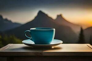 ein Tasse von Kaffee auf ein Tabelle im Vorderseite von ein Berg. KI-generiert foto