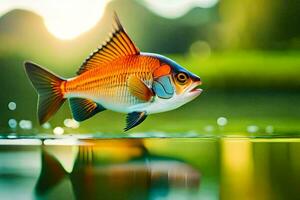 Fisch im Wasser mit Sonne leuchtenden im Hintergrund. KI-generiert foto