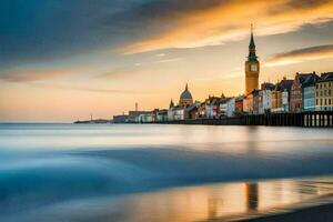 das Sonnenuntergang Über das Ozean und Gebäude im Dänemark. KI-generiert foto