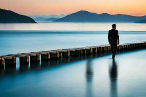 ein Mann Gehen auf ein Seebrücke im das Ozean. KI-generiert foto