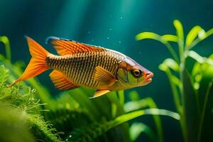 ein Fisch Schwimmen im ein Aquarium mit Grün Pflanzen. KI-generiert foto
