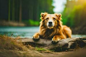 ein golden Retriever Hund ist Sitzung auf ein Log durch das Wasser. KI-generiert foto