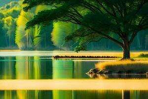 ein Baum ist Sitzung auf das Ufer von ein See. KI-generiert foto