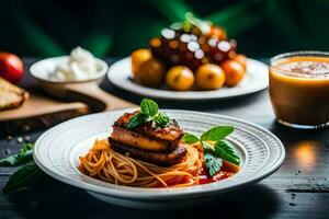 ein Teller von Spaghetti mit Fleisch und Tomate Soße. KI-generiert foto